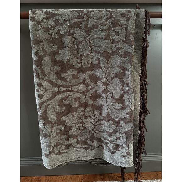 Restoration Hardware Wool Blend Fringed Throw Blanket Gray Brown Floral 70X53” - Picture 2 of 12